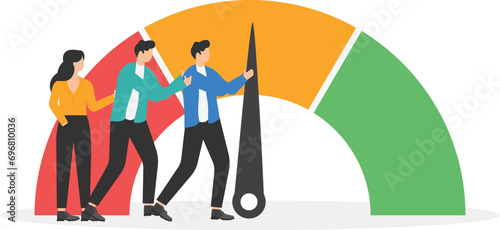 Collaboration to increase productivity, team enhancement, optimize organization efficiency concept, Colleagues helping together to push pointers of performance gauge to the best.

