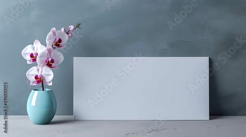 Blank White Greeting Card Mockup with White Orchids. Invitation Card Mockup With White Flowers For Special Occasions. Invitation Card in Landscape Format
