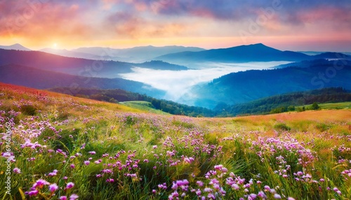 foggy summer sunrise in mountains valley stunning morning landscape of carpathian mountains with field of bloosom flowers ukrainiane europe beauty of nature concept background © Florence