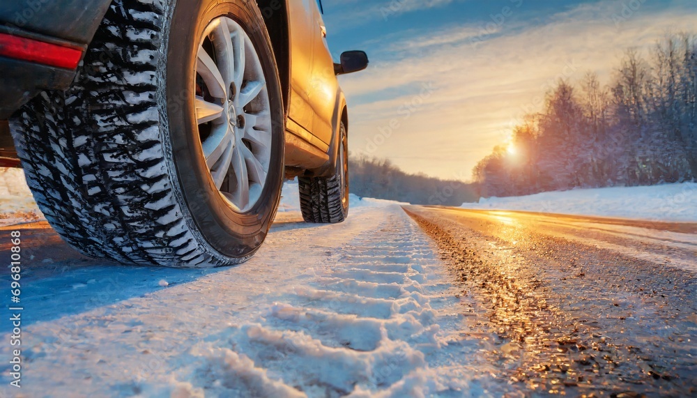close up of car tires in winter on the road