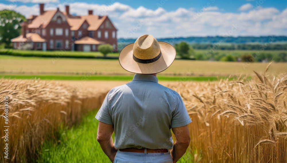 a adult white american farmer man standing on a wheat grass field wearing a hat photo taken from behind his back agricultural land owner blurry field and a mansion background generative ai