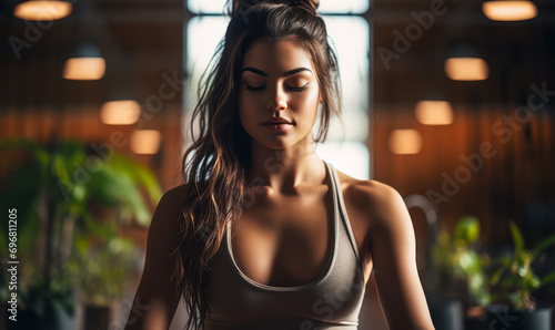 Focused young woman practicing yoga in a peaceful indoor setting, embodying mindfulness and balance © Bartek