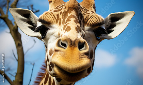 Close-up of a giraffe's face against a blue sky, showcasing its unique patterns and gentle eyes © Bartek