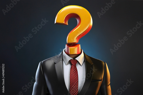 mysterious man with question mark head, dressed in executive suit, on a dark background