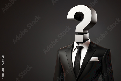 mysterious man with question mark head, dressed in executive suit, on a dark background
