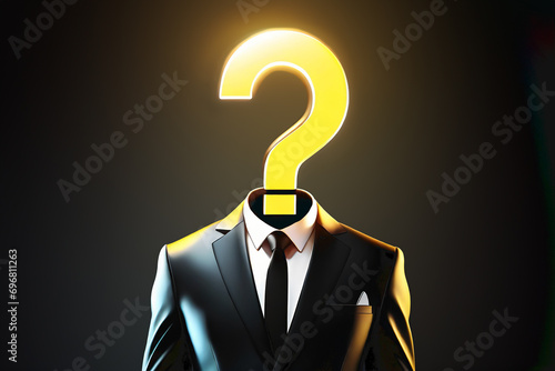 mysterious man with question mark head, dressed in executive suit, on a dark background