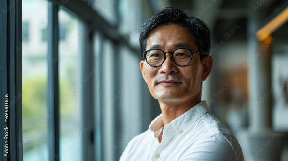 Handsome 45 years old gentle Korean man, wearing glasses, formal slick hairstyle, smooth beardless face in a modern office building, wearing white shirt, beside a huge window - obrazy, fototapety, plakaty 