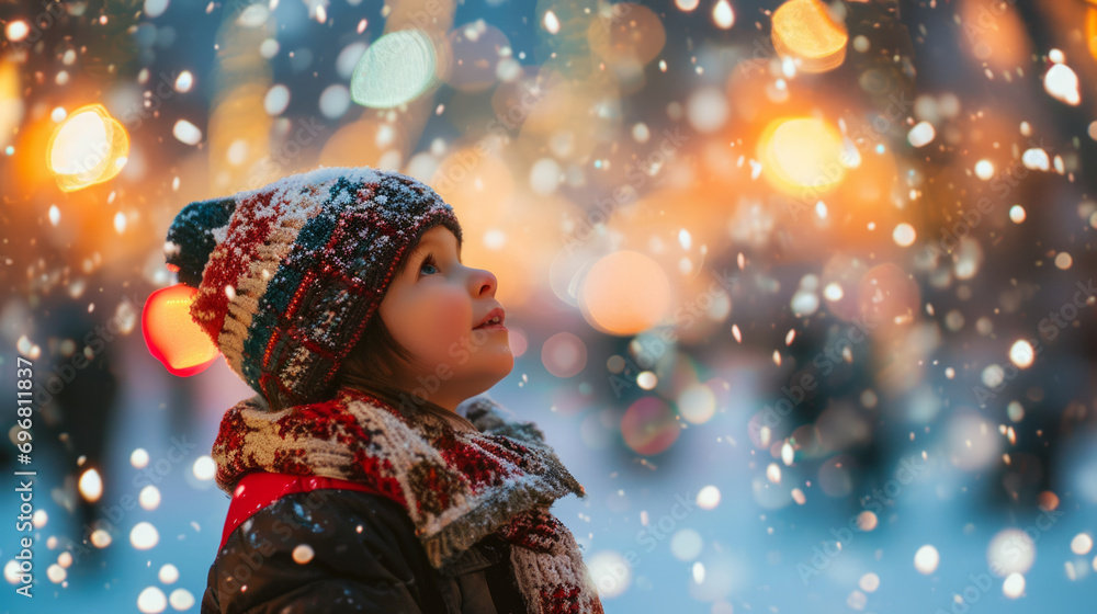 Child wonderment as they watch their first New Year fireworks display, their eyes wide with amazement and delight in a snowy park in front of firework display - obrazy, fototapety, plakaty 
