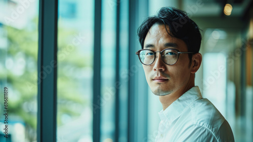 Handsome 45 years old gentle Korean man, wearing glasses, formal slick hairstyle, smooth beardless face in a modern office building, wearing white shirt, beside a huge window photo