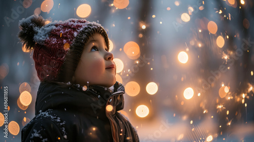 Child wonderment as they watch their first New Year fireworks display, their eyes wide with amazement and delight in a snowy park in front of firework display