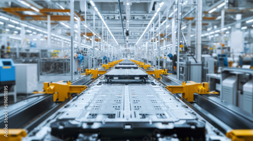 Mass production assembly line of electric vehicle battery cells close-up view photo