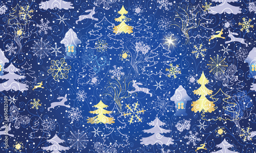 Vector hand drawn seamless pattern with a fairytale Christmas forest with hares, butterflies, huts, snowflakes and a bright Christmas star