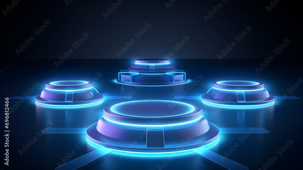 Futuristic podiums, teleport platforms with neon glow and hologram effect. 3d futuristic platforms with blue neon beams isolated on blue background. - obrazy, fototapety, plakaty 