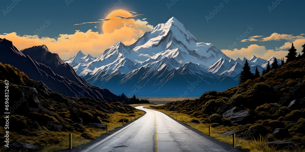 Road leading to a snowcapped mountain - obrazy, fototapety, plakaty 