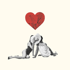 Summer romance. Man and woman cissing behind straw hat over heart symbol. Contemporary art collage. Valentine's Day, holiday, love, February 14th concept. Template for ad, postcard, invitation, poster