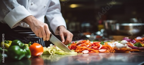Professional chef preparing vegetables in restaurant kitchen. Culinary arts and fresh ingredients.