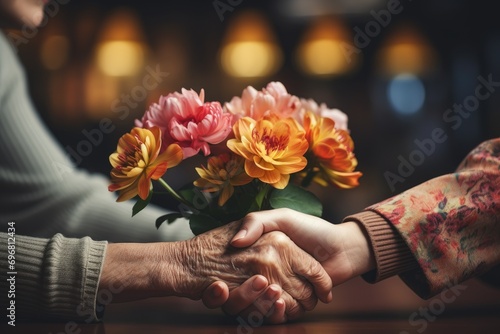 Young woman holding hands with a senior lady. Flower present. Ai generative