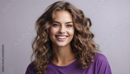 Smiling woman wearing violet color t-shirt on isolated background  can be used for advertising face