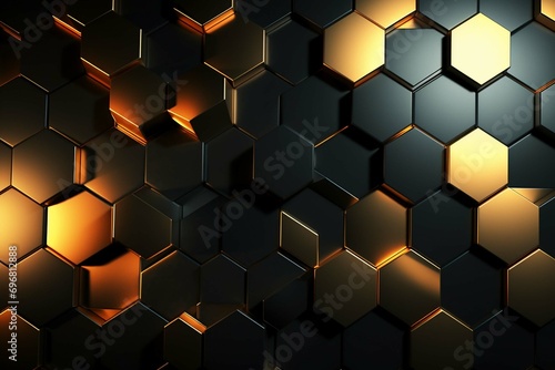 Abstract futuristic luxurious digital geometric technology hexagon background banner illustration 3d - Glowing gold, brown, gray and black hexagonal 3d shape texture wall © Areesha