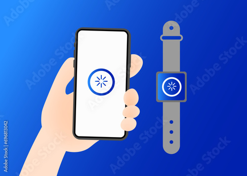 Loading icons on phone and wristwatch. Flat, blue, phone in hand, loading icon on phone screen and wristwatch. Vector illustration