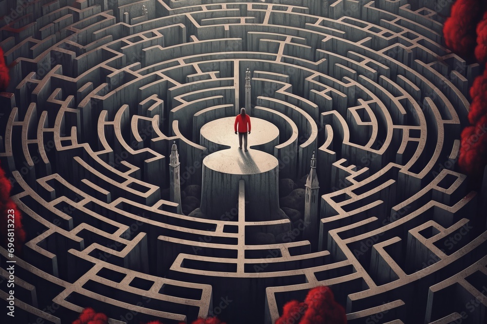 Businessman standing in the middle of a maze. Concept of problem solving Businessman standing in the middle of a maze. Concept of problem solving