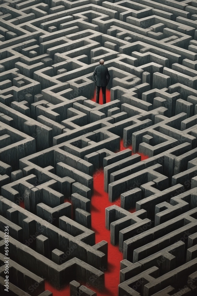 Businessman standing in the middle of a maze and looking at the red path Businessman standing in the middle of a maze and looking at the red path