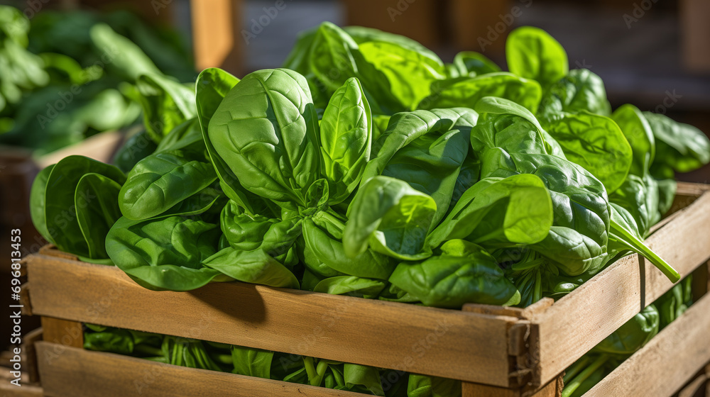fresh spinach in a wooden box fresh spinach in a wooden box