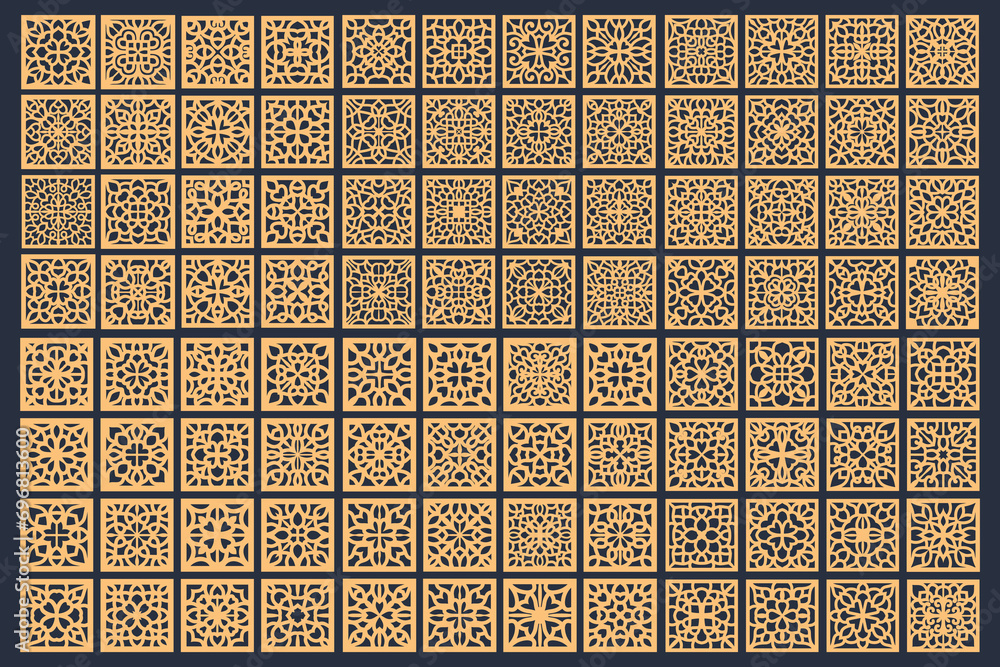 Lotus Mandala Vector Template Set for Cutting and Printing. Oriental silhouette ornament. Vector coaster design	,Square patterned coaster collection; laser cut templates, vector	