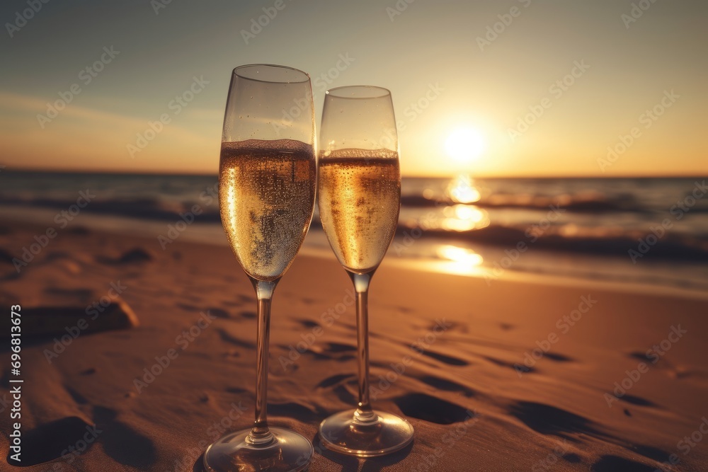 Two glasses of champagne on the beach at sunset. Shallow depth of field