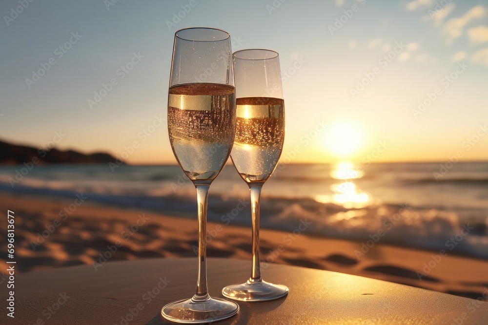 Two glasses of champagne on the beach at sunset, shallow dof Two glasses of champagne on the beach at sunset, shallow dof