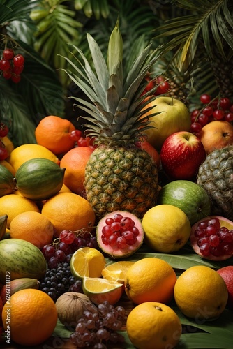 Close-up of a lot of exotic fruits on the table. Beautiful multicolored texture of Pineapples  apples  grapes  oranges  lemons  strawberries.