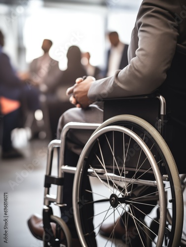 businessman sitting on a wheelchair and giving presentation to the audience in the auditorium