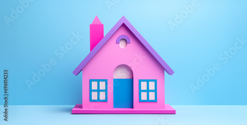 experience paper art a cute blue house with a neon pink room, toy house on a white background