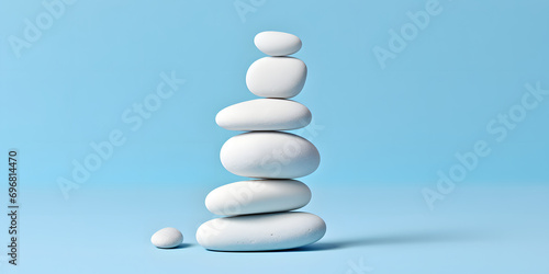 White sea pebble stone stack on light blue background.