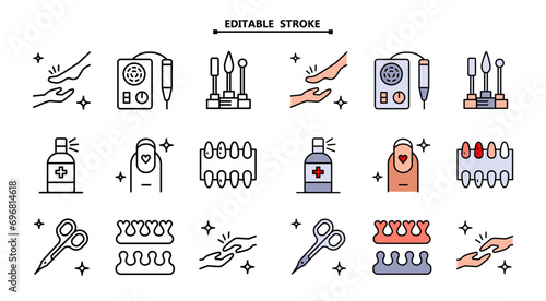 Nail service color outline icons set. Editable stroke. Manicure gel pedicure signs collection. Woman fashion vector illustration. Nail bar flat icons. Spa manicure. Beauty salon.