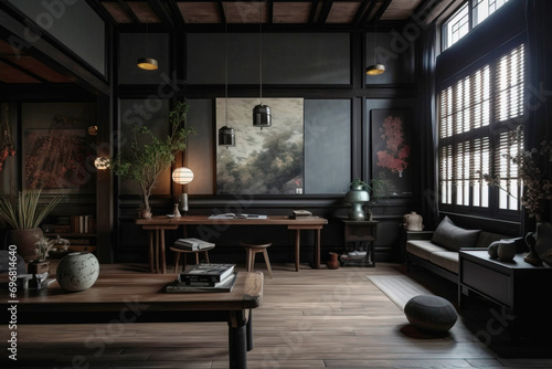 Wallpaper Mural Modern interior design of the living room of an apartment house, warm colors, dark brown colors. AI Generative. Torontodigital.ca