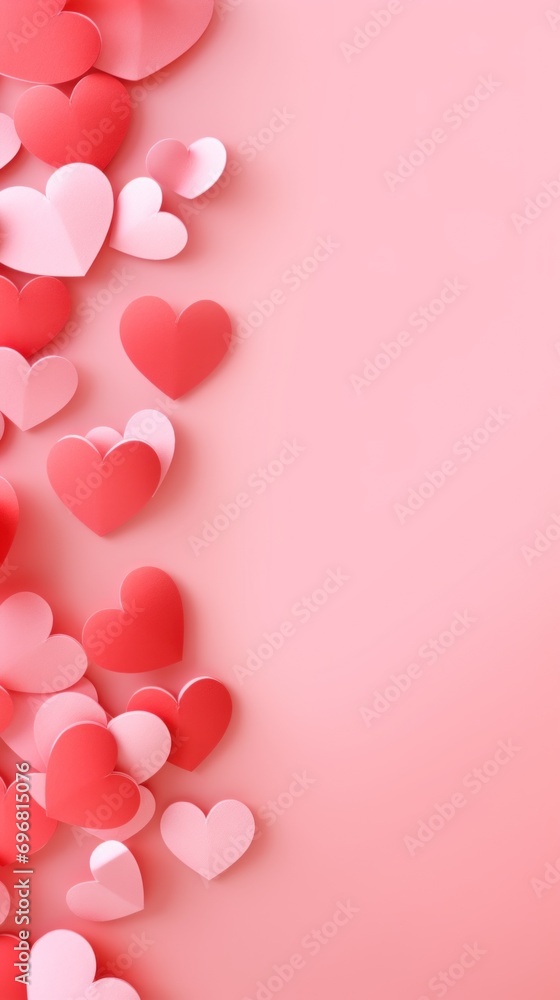 Valentines Day pink simple background with red and pink hearts. Love concept. Greeting card with copy space. Vertical.
