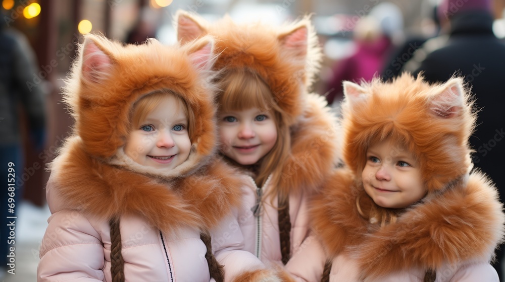 Adorable, fun photograph of three smiling sisters wearing fur caps with pet ears, funny face expression, cute girls in pink coats, winter holiday spirit, standing in the street, in the snow Adorable, fun photograph of three smiling sisters wearing fur caps with pet ears, funny face expression, cute girls in pink coats, winter holiday spirit, standing in the street, in the snow