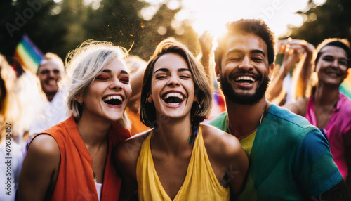 A group of LGBTQ young people dressed in bright colors clothes laughing with slightly narrowed eyes are happy. To celebrate their pride festivities.