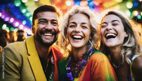 A group of LGBTQ young people dressed in bright colors clothes laughing with slightly narrowed eyes are happy. To celebrate their pride festivities.