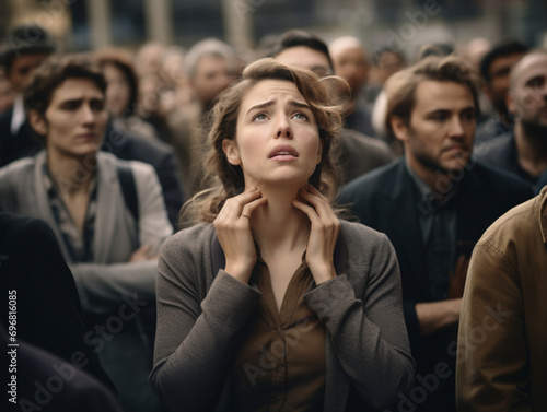 A woman having a panic attack in a crowd photo