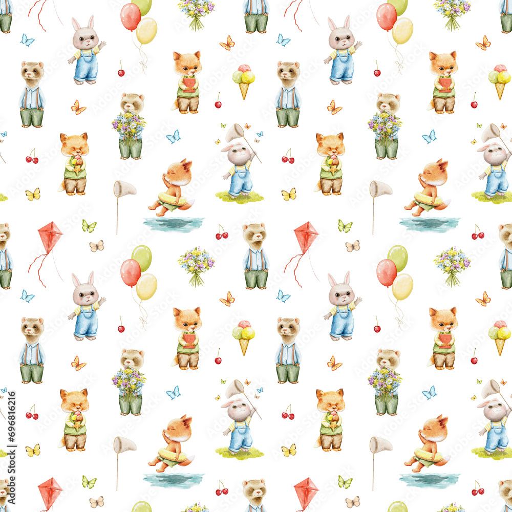 Seamless pattern with bright cute baby animals in clothes and various items isolated on white background. Watercolor hand drawn illustration sketch Seamless pattern with bright cute baby animals in clothes and various items isolated on white background. Watercolor hand drawn illustration sketch