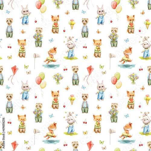 Seamless pattern with bright cute baby animals in clothes and various items isolated on white background. Watercolor hand drawn illustration sketch