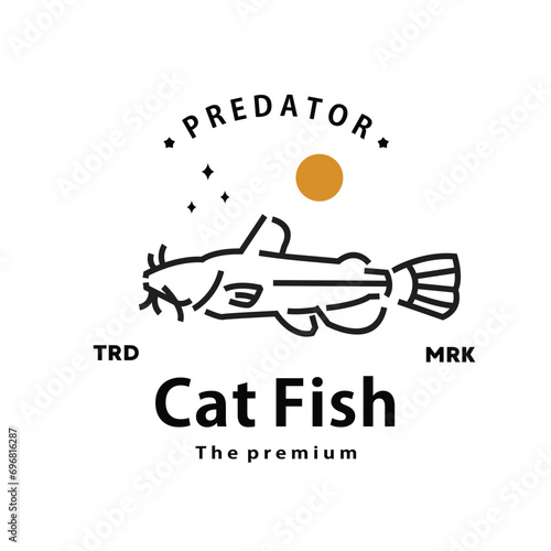 vintage retro hipster cat fish logo vector outline monoline art icon
