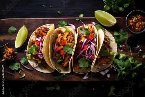 Spicy jackfruit tacos with avocado, cilantro, and lime, offering a burst of flavors and textures. photo