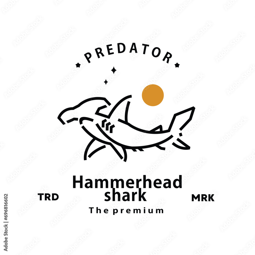 vintage retro hipster hammer head shark logo vector outline monoline art icon - obrazy, fototapety, plakaty 