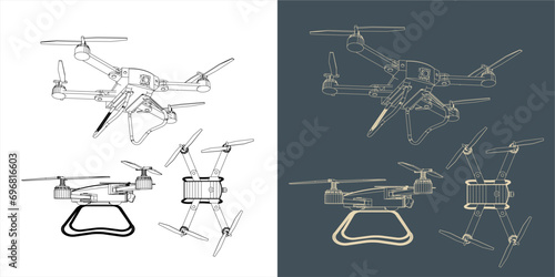 Vector drone or quadcopter line wireframe blueprint