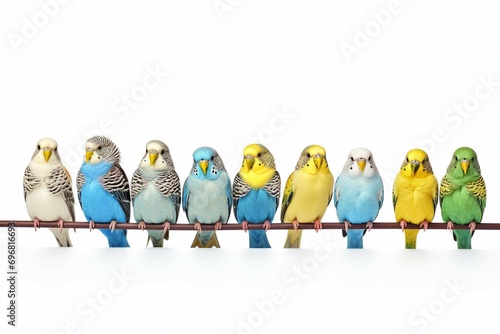 Animals pets budgies birds banner panorama long - Collection of cute sitting and flying budgie (melopsittacus undulates) bird, isolated on white background photo