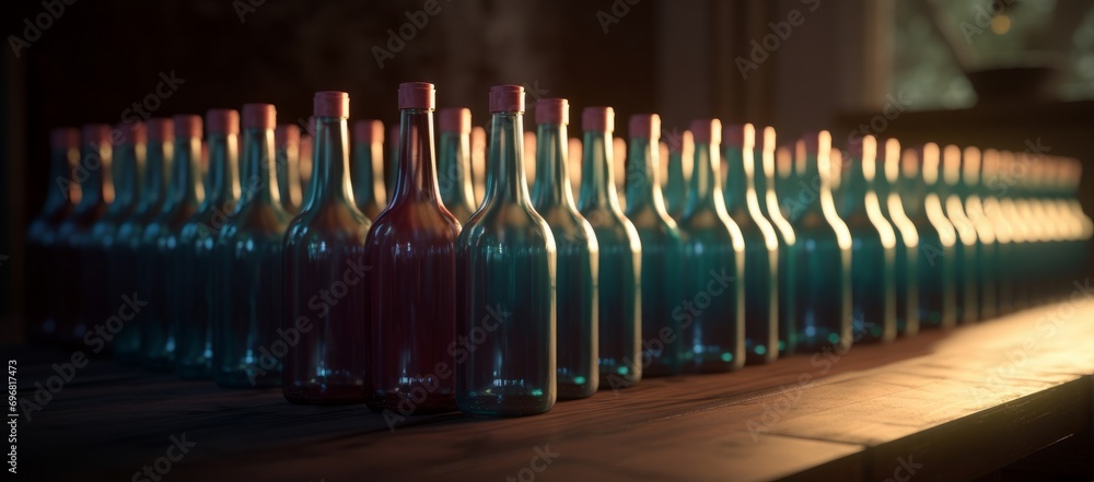 Bottles of wine in a row on the shelf in the cellar