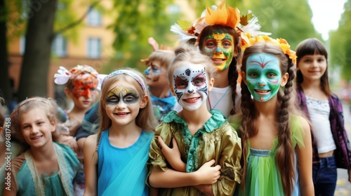 Group of pupils or friends dressed-up for carnival in the city, portrait of teenagers and children in costume with makeup for a festival, colorful, happy, vivid photograph of festive event celebration